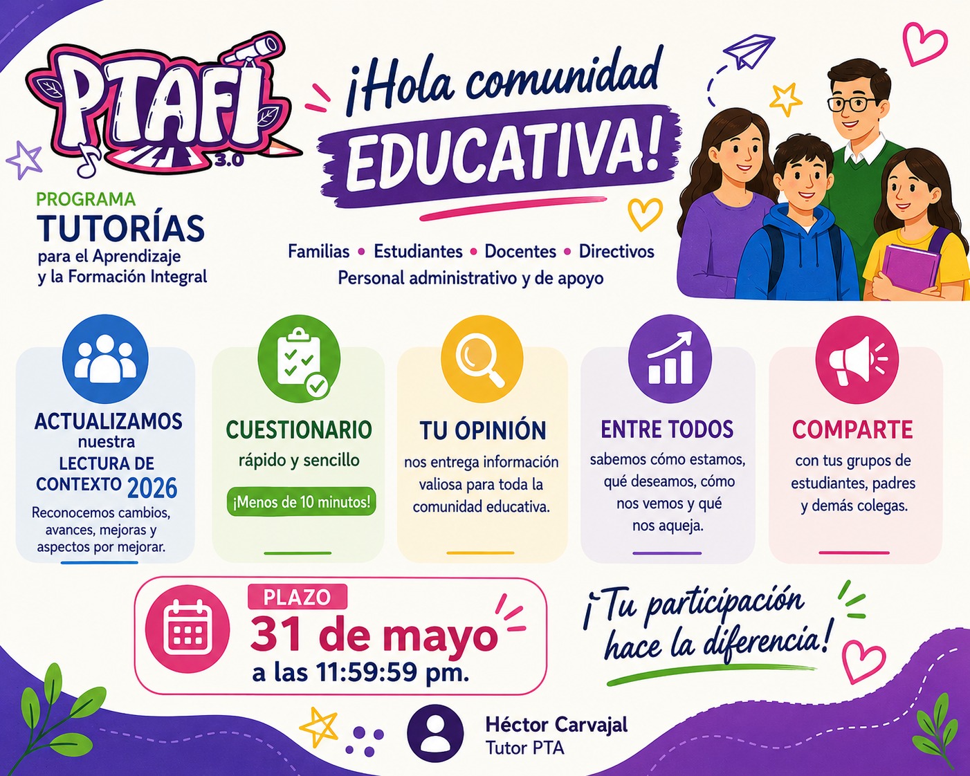 El Programa Tutorías para el Aprendizaje y la Formación Integral – PTAFI invita a familias, estudiantes, docentes, directivos y personal administrativo a participar en la actualización de la Lectura de Contexto 2026.